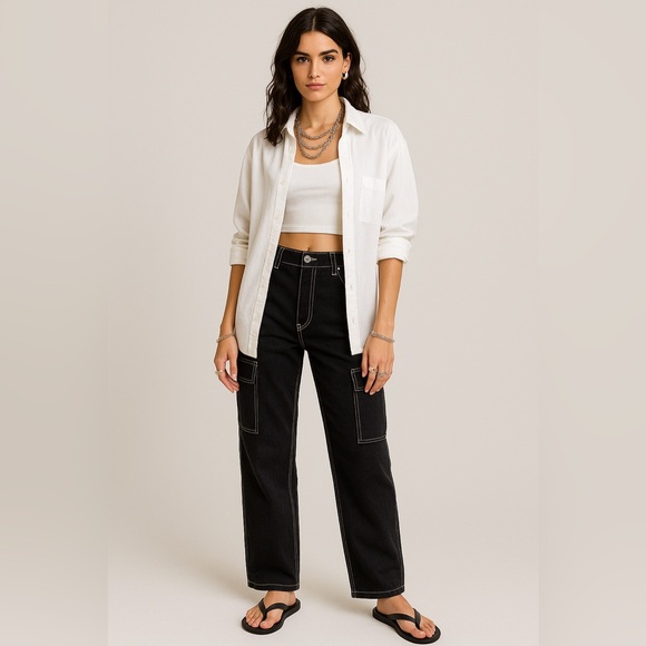 H&M jeans pants black twill cargo pants jeans white stitching size 8 NWT - Picture 2 of 9